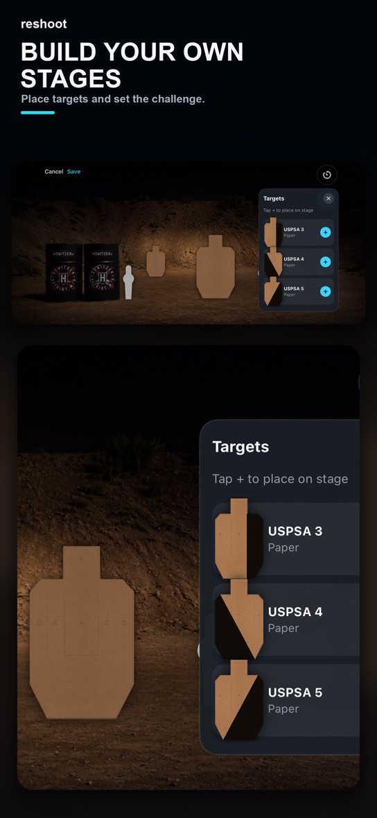Reshoot stage builder with paper targets placed on a range berm