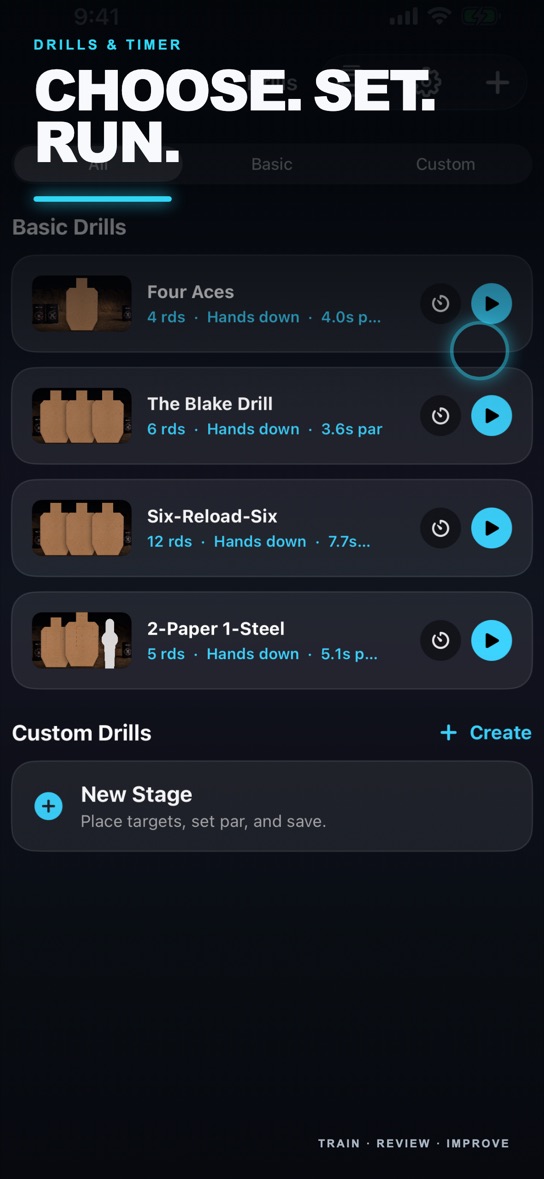 Reshoot dry fire drill library with Blake Drill, Four Aces, and custom stages